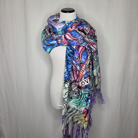 Ed Hardy Y2K Love Kills Slowly Snakes Mermaid Purple Blue Fringe Scarf Wrap NEW - Picture 6 of 7